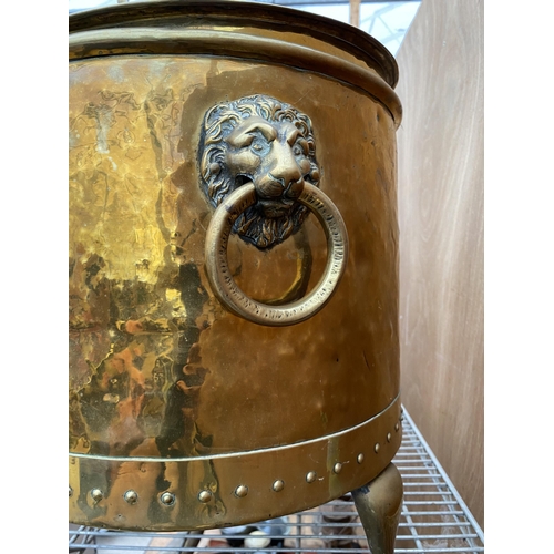 1227 - A VINTAGE BRASS COAL BUCKET WITH LION HEAD HANDLES AND LION PAW FEET