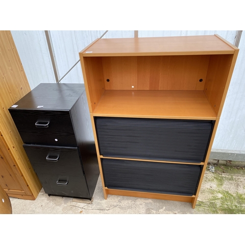 2472 - A BLACK ASH EFFECT THREE DRAWER FILING CABINET AND MODERN OFFICE UNIT WITH TWO TAMBOUR FRONTED SECTI... 