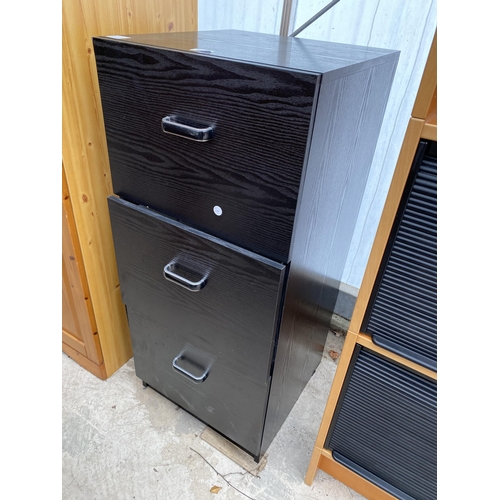 2472 - A BLACK ASH EFFECT THREE DRAWER FILING CABINET AND MODERN OFFICE UNIT WITH TWO TAMBOUR FRONTED SECTI... 