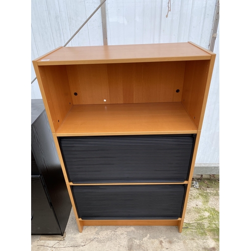 2472 - A BLACK ASH EFFECT THREE DRAWER FILING CABINET AND MODERN OFFICE UNIT WITH TWO TAMBOUR FRONTED SECTI... 