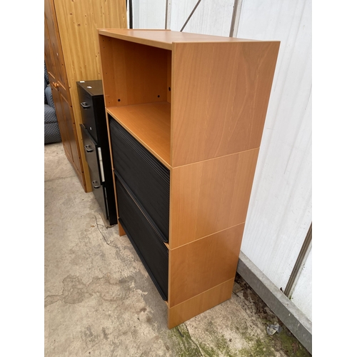 2472 - A BLACK ASH EFFECT THREE DRAWER FILING CABINET AND MODERN OFFICE UNIT WITH TWO TAMBOUR FRONTED SECTI... 