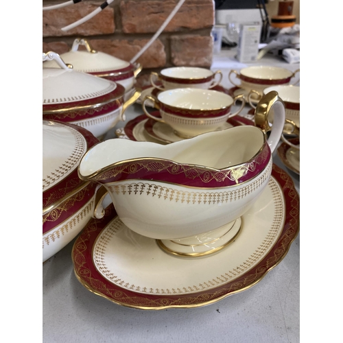 236 - A QUANTITY OF ROYAL ALBERT DINNER WARE WITH A RED BORDER, GOLD FILIGREE ON A CREAM BACKGROUND TO INC... 