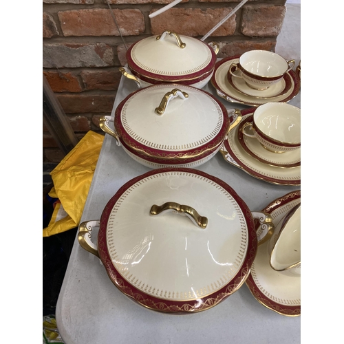 236 - A QUANTITY OF ROYAL ALBERT DINNER WARE WITH A RED BORDER, GOLD FILIGREE ON A CREAM BACKGROUND TO INC... 