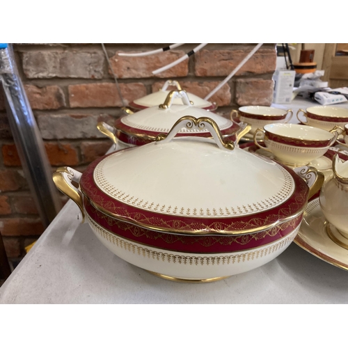 236 - A QUANTITY OF ROYAL ALBERT DINNER WARE WITH A RED BORDER, GOLD FILIGREE ON A CREAM BACKGROUND TO INC... 