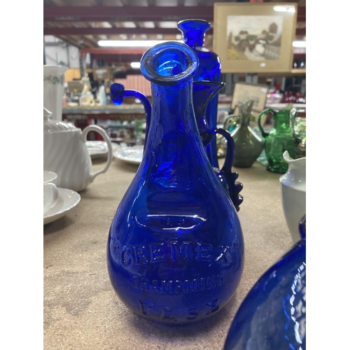 253 - FOUR PIECES OF VINTAGE BLUE GLASS, TWO WITH PONTIL MARKS, TO INCLUDE 'CREMEX SHAMPOOING VASE, ETC