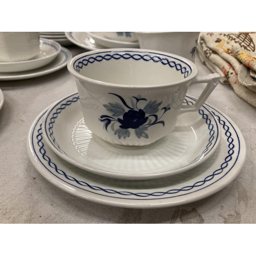 268 - AN ADAMS TEASET, WHITE WITH BLUE DECORATION TO INCLUDE PLATES, CUPS, SAUCERS, SUGAR BOWL, CREAM JUG,... 