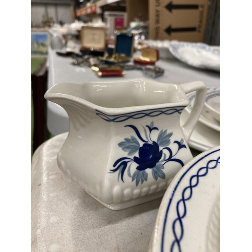 268 - AN ADAMS TEASET, WHITE WITH BLUE DECORATION TO INCLUDE PLATES, CUPS, SAUCERS, SUGAR BOWL, CREAM JUG,... 