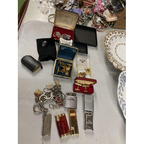 270 - A MIXED LOT OF ITEMS TO INCLUDE CUFFLINKS, VINTAGE LIGHTERS, POCKET WATCH, KEYRINGS, ETC