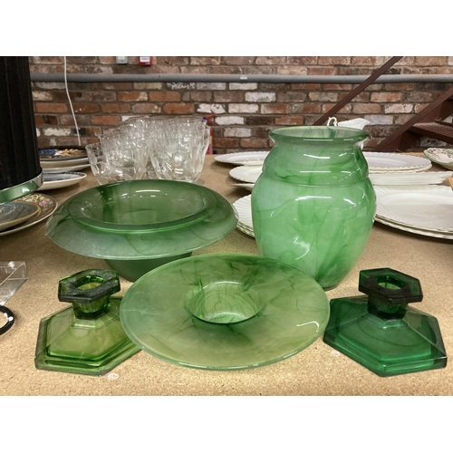 292 - FIVE PIECES OF GREEN CLOUD GLASSWARE TO INCLUDE CANDLESTICKS, A BOWL AND A VASE