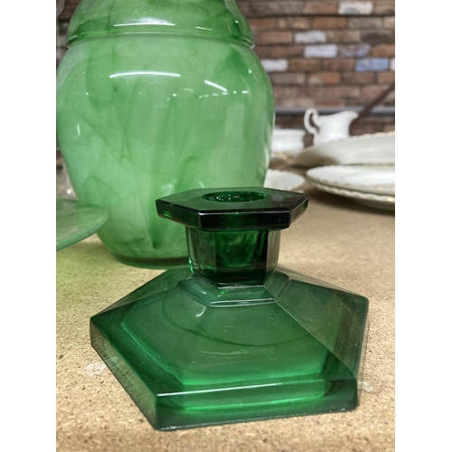 292 - FIVE PIECES OF GREEN CLOUD GLASSWARE TO INCLUDE CANDLESTICKS, A BOWL AND A VASE