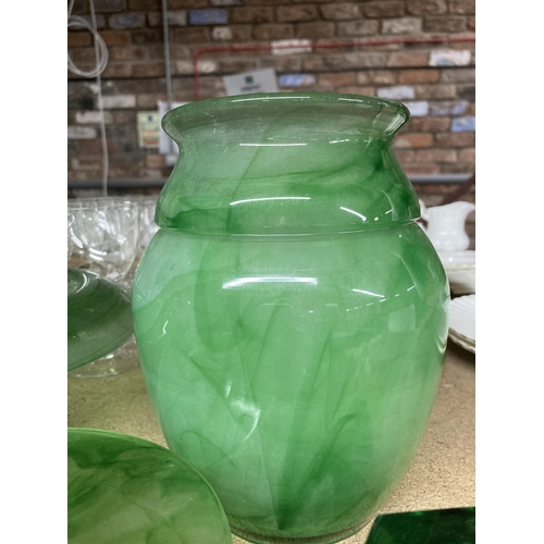 292 - FIVE PIECES OF GREEN CLOUD GLASSWARE TO INCLUDE CANDLESTICKS, A BOWL AND A VASE