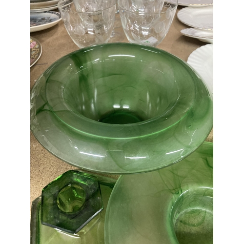 292 - FIVE PIECES OF GREEN CLOUD GLASSWARE TO INCLUDE CANDLESTICKS, A BOWL AND A VASE