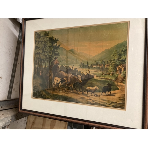 295 - A VINTAGE STYLE PRINT OF A PASTORAL SCENE WITH COWS PLUS AN OIL ON BOARD SIGNED B BOSMAN OF A LAKE V... 