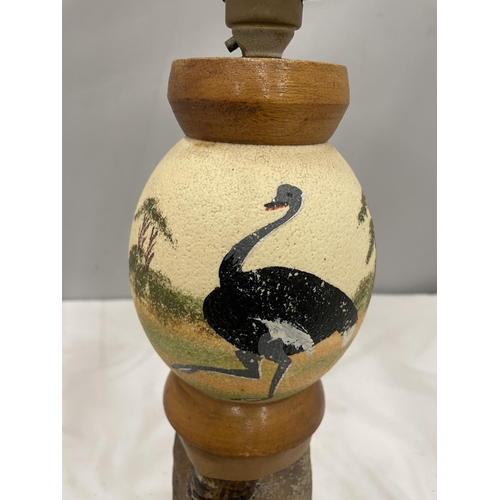 16A - A TABLE LAMP IN THE FORM OF A TAXIDERMY OSTRICH FOOT AND PAINTED OSTRICH EGG ON AN OAK BASE WITH A S... 