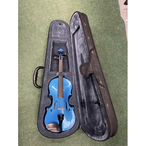 77A - A RAINBOW FANTASIA BLUE VIOLIN IN 1/2 SIZE. .MADE FROM HAND CARVED MAPLE AND SPRUCE WITH AN EBONISED... 