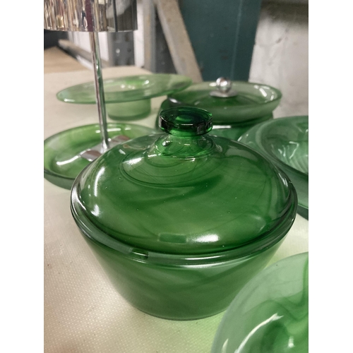 921 - A SELECTION OF GREEN CLOUD GLASSWARE TO INCLUDE ROSE BOWLS, LIDDED POT, BOWLS ETC