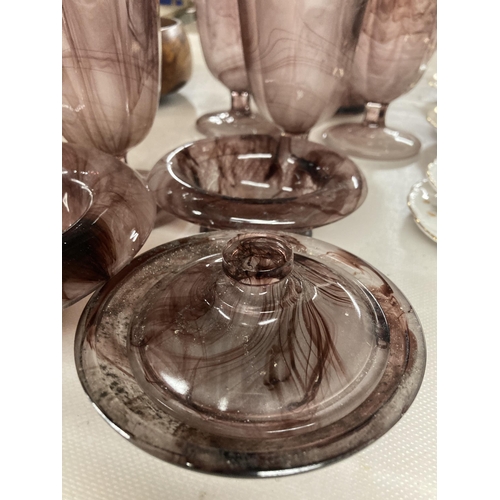 925 - A SELECTEION OF PURPLE CLOUD GLASSWARE TO INCLUDE MAINLY VASES, LIDDED POT AND BOWLS