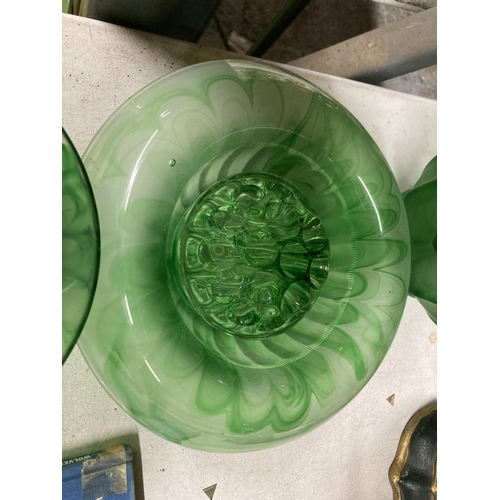 940 - FIVE GREEN CLOUD GLASS BOWLS PLUS A FLOWER ARRANGING DOME