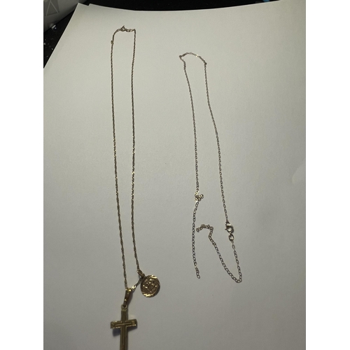 573 - A 9 CARAT GOLD CHAIN WITH A ST CHRISTOPHER AND A CROSS PENDANT AND A FURTHER NECKLACE A/F GROSS WEIG... 