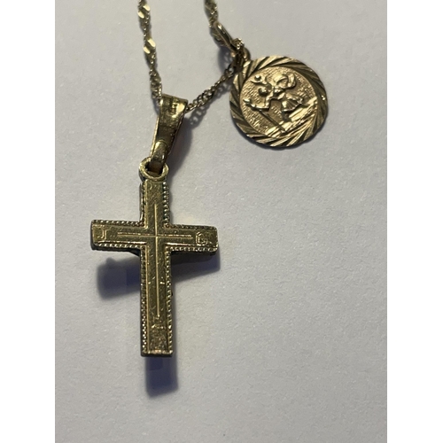 573 - A 9 CARAT GOLD CHAIN WITH A ST CHRISTOPHER AND A CROSS PENDANT AND A FURTHER NECKLACE A/F GROSS WEIG... 