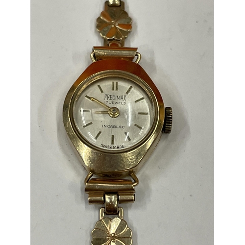 588 - A PRECIMAX 17 JEWEL INCABLOC LADIES 9 CARAT GOLD WATCH AND STRAP APPROXIMATE WEIGHT 8.5 GRAMS