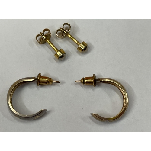 618 - THREE PAIRS OF EARRINMGS TO INCLUDE 9 CARAT GOLD HOOPS ETC