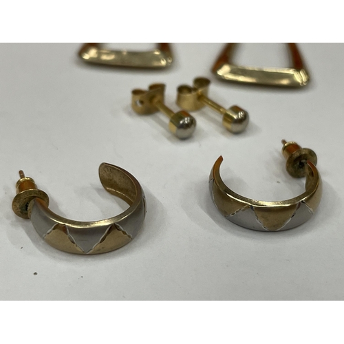 618 - THREE PAIRS OF EARRINMGS TO INCLUDE 9 CARAT GOLD HOOPS ETC