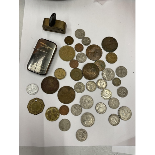 743 - VARIOUS COINS, A LIGHTER, CLAMP, COLLERY TOKEN ETC