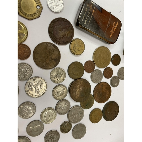 743 - VARIOUS COINS, A LIGHTER, CLAMP, COLLERY TOKEN ETC