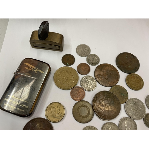 743 - VARIOUS COINS, A LIGHTER, CLAMP, COLLERY TOKEN ETC