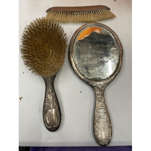 744 - THREE HALLMARKED CHESTER SILVER ITEMS TO INCLUDE A HAIRBRUSH, HAND MIRROR AND COMB