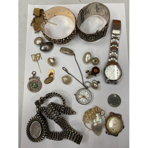 745 - A MARKED SILVER NECKLACE, A HALLMARKED FOB AND VARIOUS ITEMS OF COSTUME JEWELLERY TO INCLUDE BANGLES... 