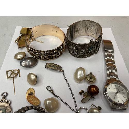 745 - A MARKED SILVER NECKLACE, A HALLMARKED FOB AND VARIOUS ITEMS OF COSTUME JEWELLERY TO INCLUDE BANGLES... 