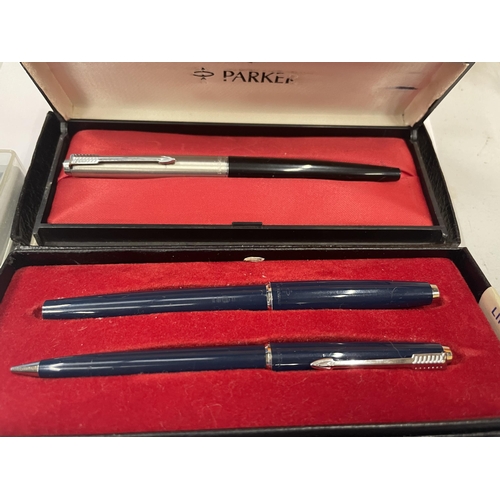 748 - FIVE BOXED PARKER PENS TO INCLUDE FOUNTAIN, BALLPOINT, ROLLER BALL ETC