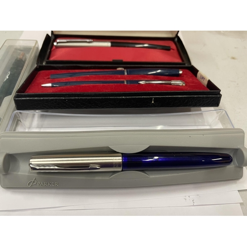 748 - FIVE BOXED PARKER PENS TO INCLUDE FOUNTAIN, BALLPOINT, ROLLER BALL ETC