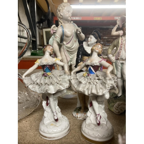 1003 - A QUANTITY OF CONTINENTAL FIGURES TO INCLUDE DRESDEN STYLE BALLERINAS, A HANDLED BASKET WITH CHERUBS... 