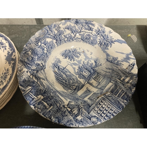 1008 - A QUANTITY OF BLUE AND WHITE POTTERY TO INCLUDE BOWLS, PLATES, ETC PLUS A TEAPOT - NO LID