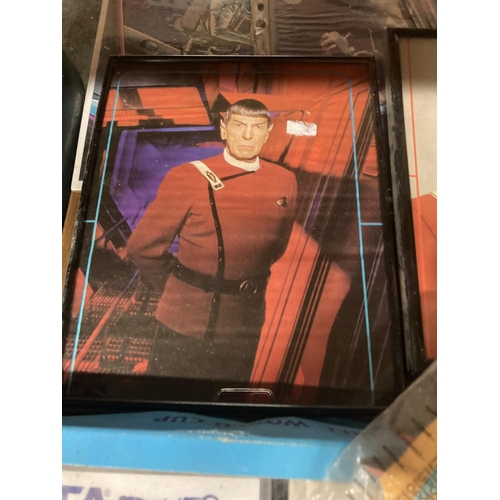 1019 - A COLLECTION OF STAR TREK MEMORIBILIA INCLUDING TRADING CARDS, PICTURES, ETC, PLUS SIMPSONS DOMINOES... 