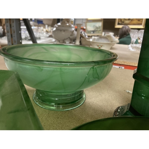 1031 - SIX PIECES OF GREEN CLOUD GLASSWARE TO INCLUDE LARGE BOWLS, ONE OF WHICH IS HEXAGONAL, VASE, TRAY, E... 