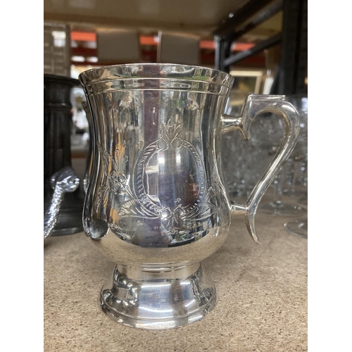 1035 - A QUANTITY OF SILVER PLATED ITEMS AND PEWTER TO INCLUDE TANKARDS, GOBLETS, CANDLESTICK, CRUET SET, B... 