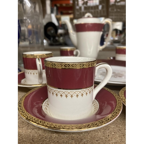 1039 - A VINTAGE BURLEIGHWARE COFFEE SET IN CRIMSON AND WHITE WITH GILD DECORATION TO INCLUDE A COFFEE POT,... 