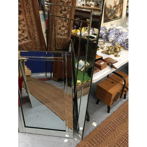 1062 - TWO ART DECO STYLE FRAME LESS MIRRORS 129CM X 61CM AND 91CM X 60CM