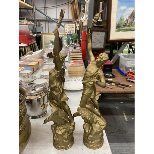 958 - TWO YELLOW METAL STATUES OF CLASSICAL FIGURES