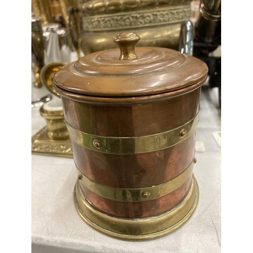 959 - TWO BRASS INKWELLS BOTH WITH LINERS, A COPPER AND BRASS BANDED STORAGE POT, 'POKER' CANON AND A BRAS... 