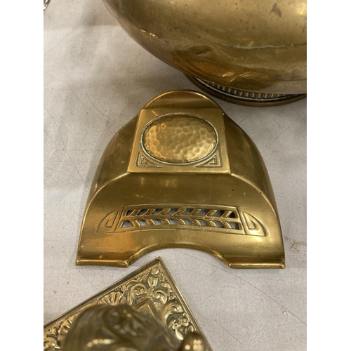 959 - TWO BRASS INKWELLS BOTH WITH LINERS, A COPPER AND BRASS BANDED STORAGE POT, 'POKER' CANON AND A BRAS... 