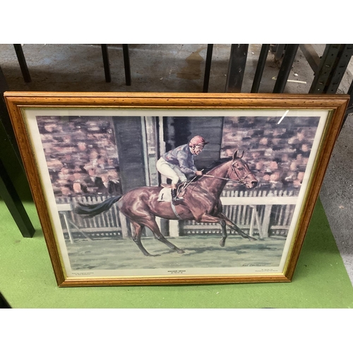 962 - TWO HORSE RACING THEMED FRAMED PRINTS - MILL REEF GEOFF LEWIS UP AND BRIGADIER GERARD JOE MERCER UP ... 