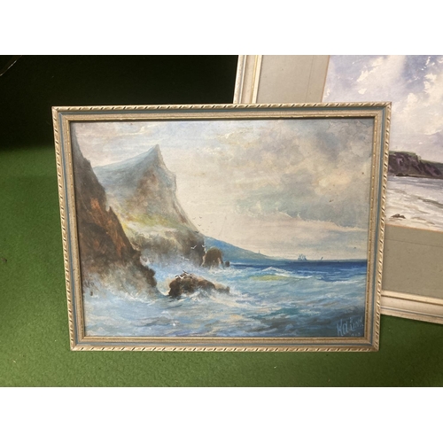 963 - TWO FRAMED WATERCOLOURS AND AN OIL OF SEASCAPE SCENES