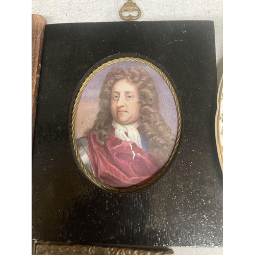 969 - A FRAMED MINIATURE PORTRAIT PAINTED IN OIL OF A GENTLEMAN, TWO FRAMED PORTRAIT PRINTS, PLUS TWO FRAM... 