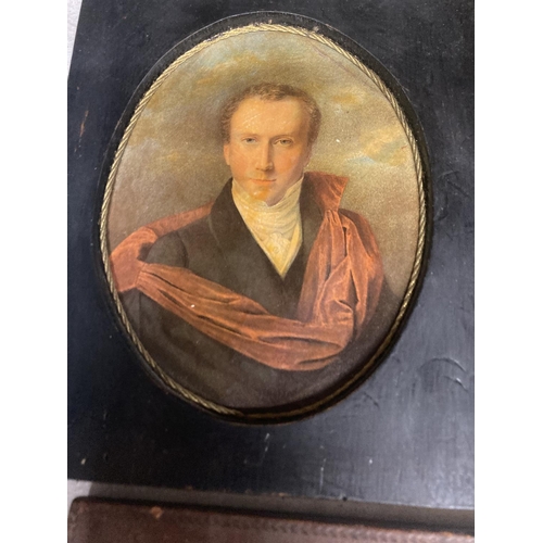 969 - A FRAMED MINIATURE PORTRAIT PAINTED IN OIL OF A GENTLEMAN, TWO FRAMED PORTRAIT PRINTS, PLUS TWO FRAM... 