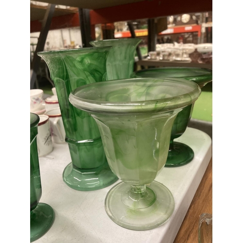 979 - A QUANTITY OF GREEN CLOUD GLASSWARE TO INCLUDE MAINLY VASES OF VARYING SIZES